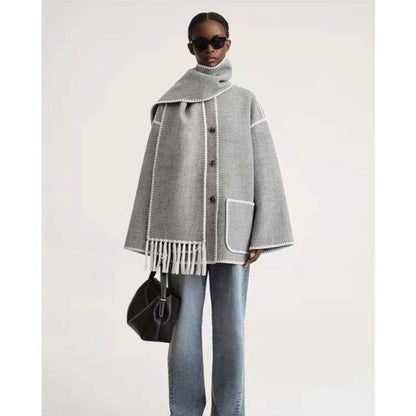 Womens Tassel Scarf Collar Wool Coat